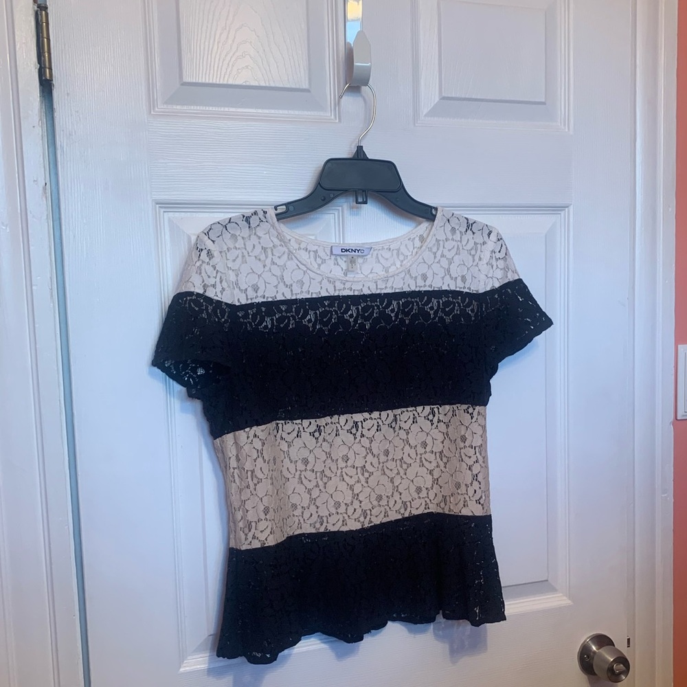 DKNY Lace Stripe Short Sleeve Top in Black, White, Beige